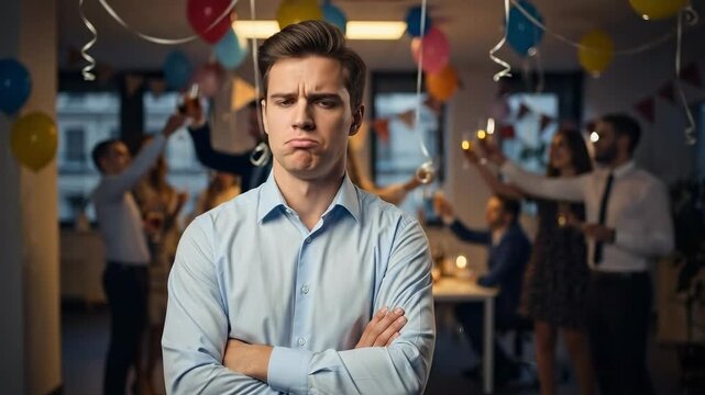 Unhappy young Caucasian man pouting with arms crossed, feeling isolated and left out at a festive office party celebration with balloons and streamers