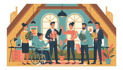 Diverse business team celebrating success and teamwork in a bright modern attic office