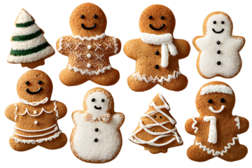 Collection of various gingerbread men cookies isolated on transparent background