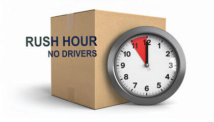 Rush hour delivery problem with no drivers. An urgent clock on package symbolizes supply chain stress due to current labor market shortages