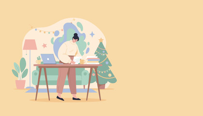 Flat illustration of a woman working at her desk near a festive Christmas tree