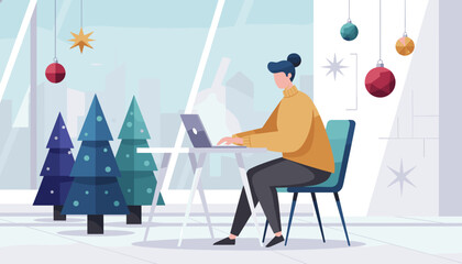 Professional working on a laptop in a festive office with Christmas decorations and a city view