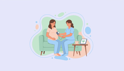 Nurse checking pregnant womans blood pressure during a comforting home prenatal care visit