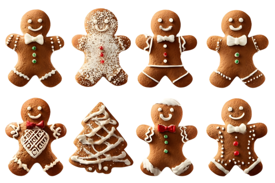Collection of various gingerbread men cookies isolated on transparent background