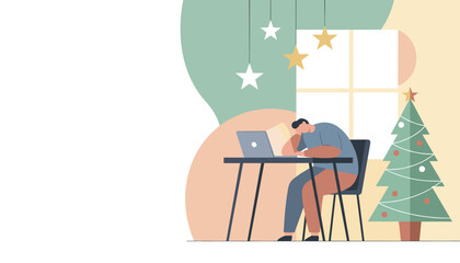 Man stressed working remotely on laptop near Christmas tree facing burnout and holiday pressure