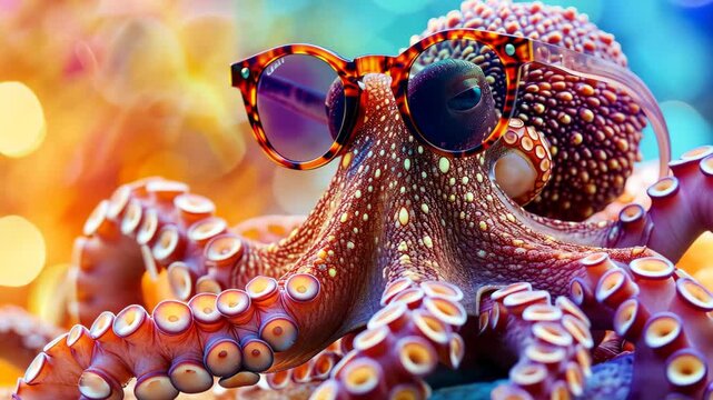 Stylish Octopus: An octopus wears sunglasses, showcasing an imaginative blend of marine life and modern fashion, creating a whimsical and unique scene.