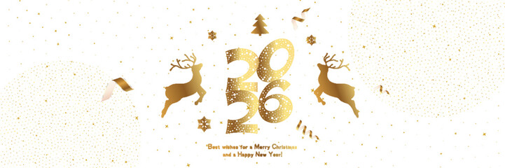 Banner 2026 in a decorative golden texture, flanked by silhouettes of leaping reindeer, snowflakes, and a Christmas tree on a white background. Design for Merry Christmas and a Happy New Year.