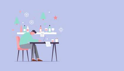 Working during the holidays man busy on a laptop with festive drinks and decorations nearby