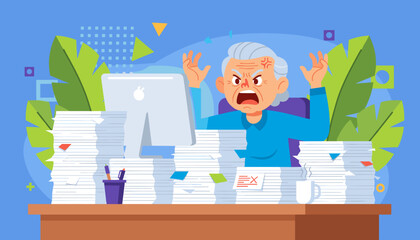 Stressed senior woman buried in paperwork screaming about her overwhelming workload