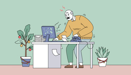 Stressed angry businessman facing too much work and technical issues in the office