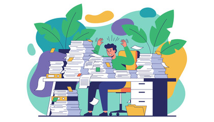 Overwhelmed man buried in huge piles of paperwork symbolizing excessive workload stress and bureaucracy