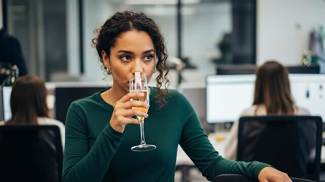 Pensive young biracial woman with curly hair holding a glass of champagne in a modern open-plan office environment, looking down thoughtfully.