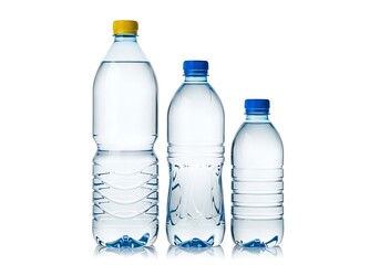 Naklejka premium Three clear plastic bottles filled with pure water on a white background