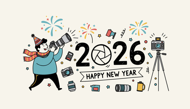 Happy New Year 2026 greeting card with a photographer character and camera equipment illustration