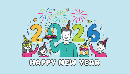 2026 New Year celebration illustration people toasting champagne with festive fireworks