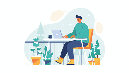 Man working remotely on a laptop outside on a winter balcony Digital nomad and freelance business concept