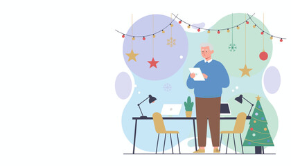 Older man checks tablet in a festive office setting Remote work holiday deadlines winter concept