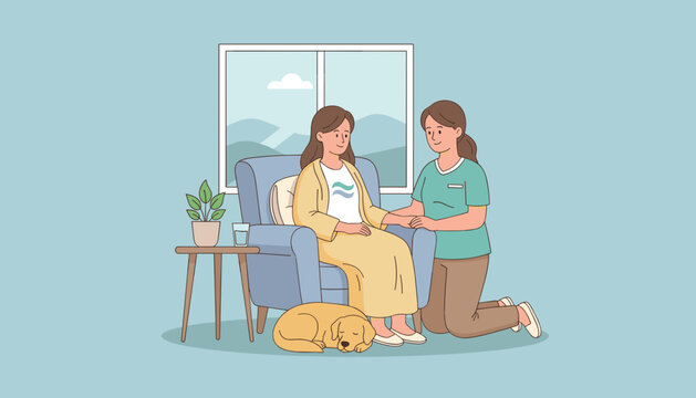Professional caregiver offering compassionate home support to a seated patient