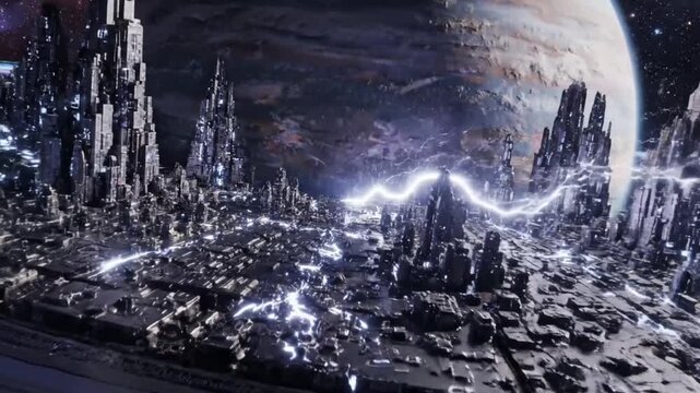 Futuristic megacity built on a ringed planet with vibrant colors and starry skies creates a stunning sci-fi fantasy world exploration