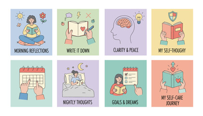 Selfcare routine illustrations journaling reflection goal setting clarity and mental wellness