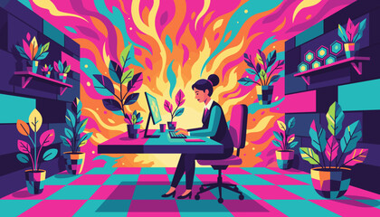 Focused businesswoman working in a vibrant neoncolored office symbolizing creativity and energy
