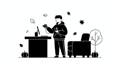 Photographer stands with camera next to a desk in an autumnal home office Black and white graphic