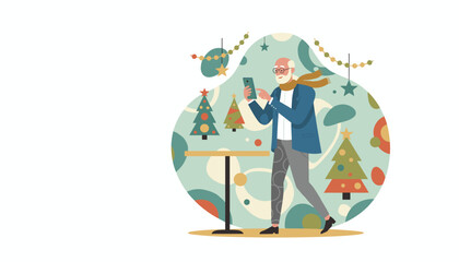 Happy senior uses a smartphone at a festive Christmas party Digital connection and holiday communication