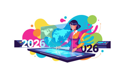 Global business planning in 2026 Woman interacting with futuristic screen technology and world map