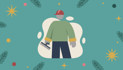 Festive flat illustration of a workerbuilder holding a tool on a turquoise background