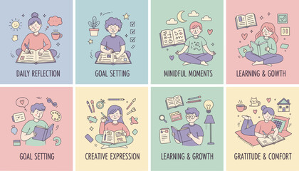 Cute pastel illustrations of selfcare routines reflection goal setting reading and mindful moments