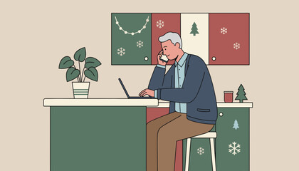 Working remotely during the holidays Man uses a laptop and phone in a festive winterdecorated home