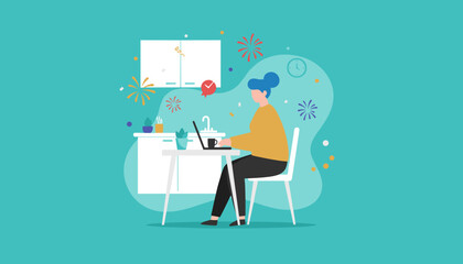 Happy woman working from home celebrates success in her modern kitchen