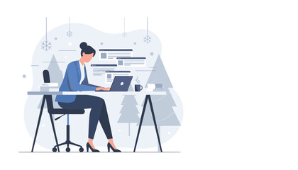 Busy businesswoman working on a laptop at a winter desk handling multiple online tasks and projects