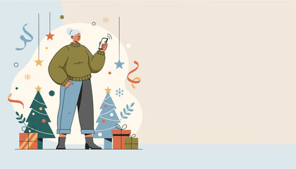 Elderly woman uses smartphone amidst Christmas decorations and gifts Holiday shopping concept