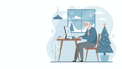 Senior man works remotely on a computer in a cozy home office during winter near a Christmas tree