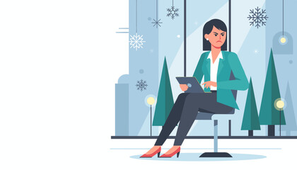 Frustrated professional woman working on a tablet in a winterthemed office
