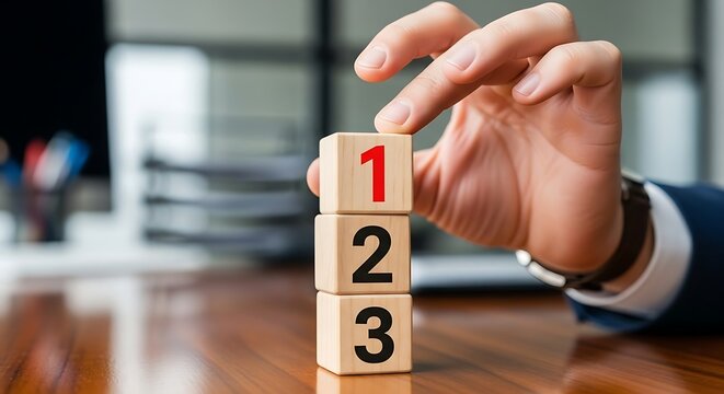Hand stacking wooden blocks with numbers 1, 2, and 3.