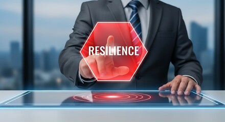 Resilience concept with businessman touching virtual screen interface.