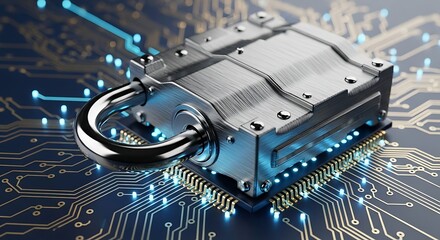Cybersecurity concept - Padlock on circuit board symbolizing data protection.