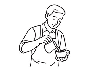 Stylish barista skillfully pouring coffee into a cup, creating latte art in a minimalist line drawing style, perfect for cafe branding and design projects