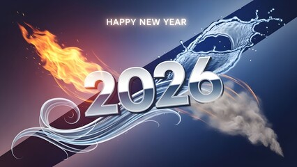 Use soft glow edges and reflection on glass-like surface. “Happy New Year” in bold white sans-serif on bottom left.