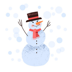Cute snowman in top hat and scarf against background of snowflakes. Christmas and New Year's vector character. Winter holiday vector illustration with grunge texture.
