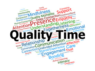Quality Time Word Cloud. Composition Of Terms Related To Presence, Deep Connection, Emotional Awareness, Mindful Communication, And Meaningful Human Relationships.