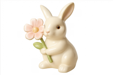 Ceramic easter bunny holding pink flower figurine