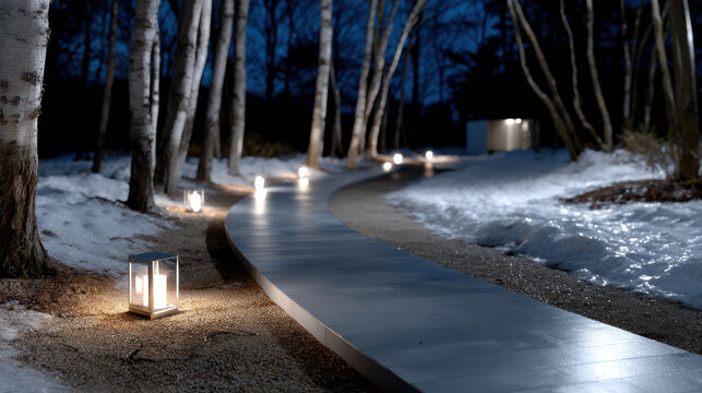 A picturesque winter pathway lined with birch trees and glistening snow, softly illuminated by lanterns, creating a serene and inviting atmosphere for winter adventures.