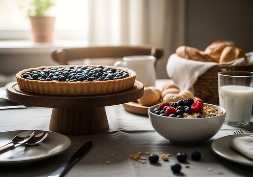Delicious berry tart and breakfast bowl on a table