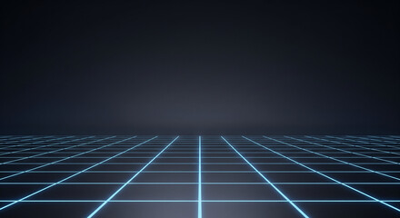 Abstract conceptual visualization of a vibrant glowing blue grid on a dark background, representing futuristic technology, digital data streams, and immersive virtual reality environments