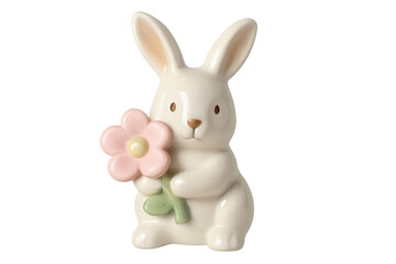 Fototapeta premium Ceramic bunny figurine holding flower for easter
