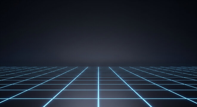 Abstract conceptual visualization of a vibrant glowing blue grid on a dark background, representing futuristic technology, digital data streams, and immersive virtual reality environments