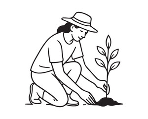 Line art of a woman planting a tree seedling, symbolizing growth and environmental awareness in minimalist style, perfect for eco-friendly brands